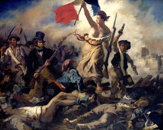 La libertad guiando al pueblo (1832), Eugène Delacroix. Esta obra sintetiza el ideario liberal: la Libertad unificadora (Marianne con la bandera tricolor y el gorro frigio lidera la soberanía popular frente al absolutismo); la alianza de clases (el burgués de sombrero de copa y el obrero luchan juntos, reflejando la igualdad civil liberal); el costo del progreso (los cuerpos caídos en la barricada simbolizan el sacrificio necesario para conquistar los derechos constitucionales); y juventud y futuro (el niño con pistolas encarna el relevo generacional en la defensa de la emancipación).
